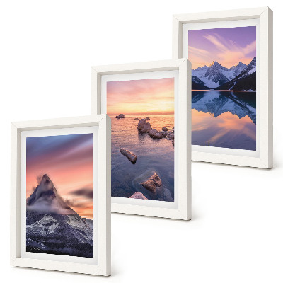 Juego de 3 cuadros decorativos Paisajes de montañas, lagos y atardeceres.
