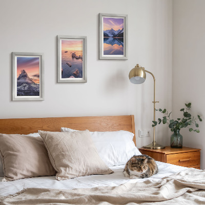 Juego de 3 cuadros decorativos Paisajes de montañas, lagos y atardeceres.