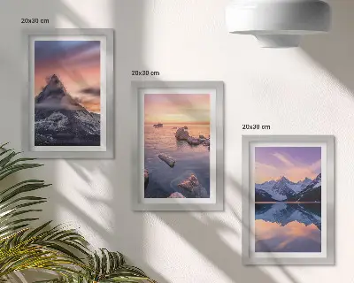 Juego de 3 cuadros decorativos con paisajes de montañas, lagos y atardeceres