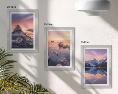Juego de 3 cuadros decorativos Paisajes de montañas, lagos y atardeceres.