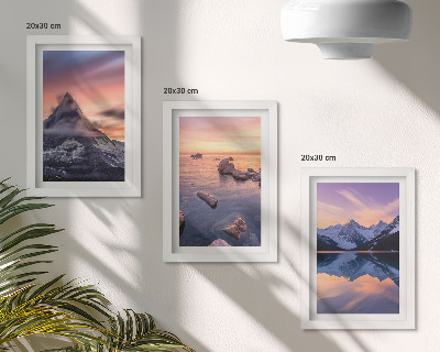 Juego de 3 cuadros decorativos Paisajes de montañas, lagos y atardeceres.