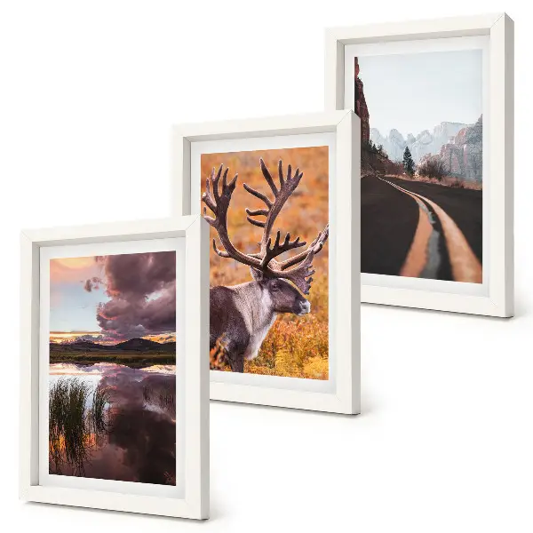 Juego de 3 cuadros decorativos con paisajes de montaña, renos y un camino en plena naturaleza