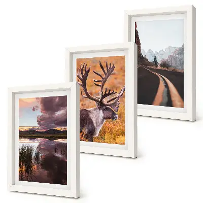 Juego de 3 cuadros decorativos con paisajes de montaña, renos y un camino en plena naturaleza