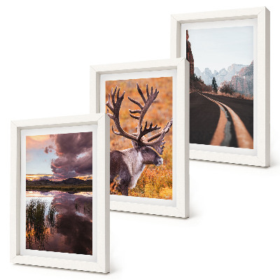Juego de 3 cuadros decorativos Paisajes de montaña con renos y un camino en plena naturaleza.