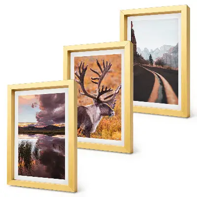 Juego de 3 cuadros decorativos con paisajes de montaña, renos y un camino en plena naturaleza