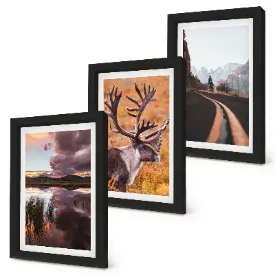 Juego de 3 cuadros decorativos con paisajes de montaña, renos y un camino en plena naturaleza