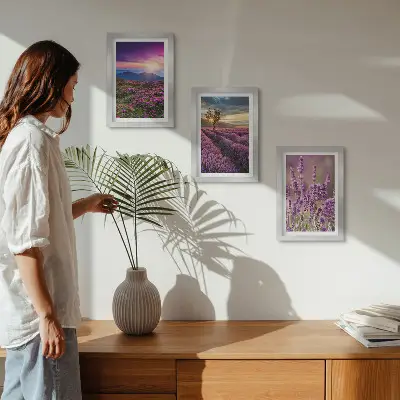 Juego de 3 cuadros decorativos con paisaje de campos de lavanda y puesta de sol