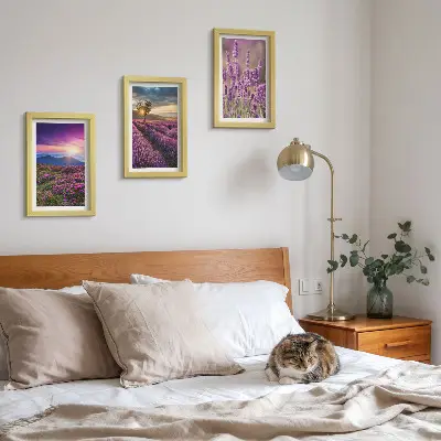 Juego de 3 cuadros decorativos con paisaje de campos de lavanda y puesta de sol