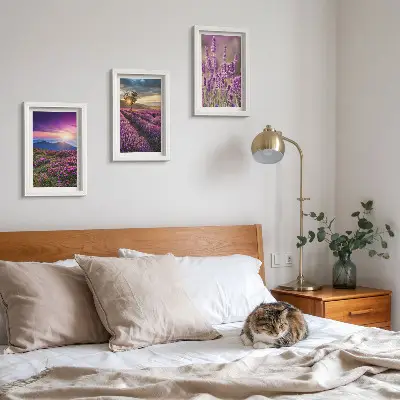 Juego de 3 cuadros decorativos con paisaje de campos de lavanda y puesta de sol
