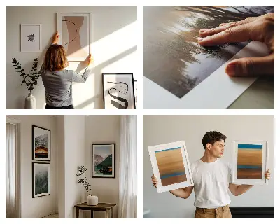 Juego de 3 cuadros decorativos con paisaje de campos de lavanda y puesta de sol
