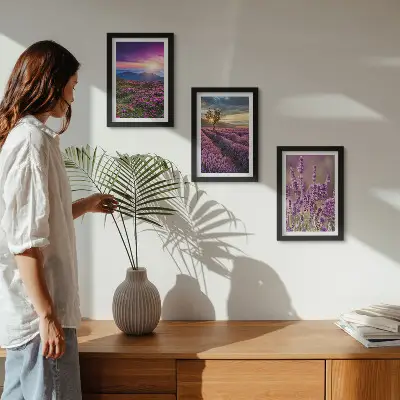 Juego de 3 cuadros decorativos con paisaje de campos de lavanda y puesta de sol