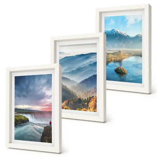 Juego de 3 cuadros decorativos con paisajes montañosos pintorescos y cascadas en plena naturaleza