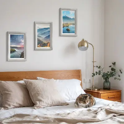 Juego de 3 cuadros decorativos con paisajes montañosos pintorescos y cascadas en plena naturaleza