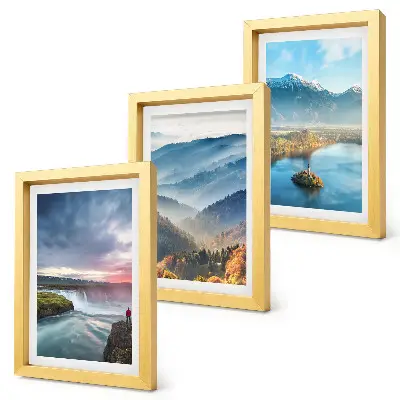 Juego de 3 cuadros decorativos con paisajes montañosos pintorescos y cascadas en plena naturaleza