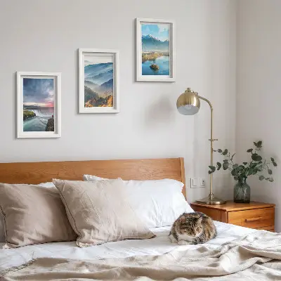 Juego de 3 cuadros decorativos con paisajes montañosos pintorescos y cascadas en plena naturaleza