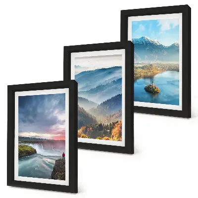 Juego de 3 cuadros decorativos con paisajes montañosos pintorescos y cascadas en plena naturaleza