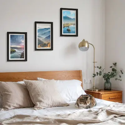 Juego de 3 cuadros decorativos con paisajes montañosos pintorescos y cascadas en plena naturaleza