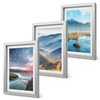 Juego de 3 cuadros decorativos con paisajes montañosos pintorescos y cascadas en plena naturaleza