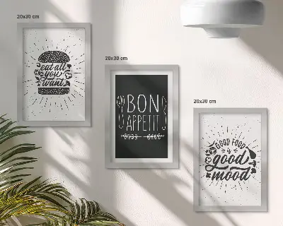 Tríptico enmarcado con gráficos de eslóganes sobre comida y gastronomía