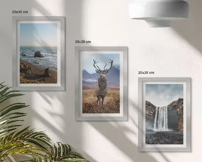 Juego de 3 cuadros decorativos con paisajes de montaña, cascada, ciervo y playa
