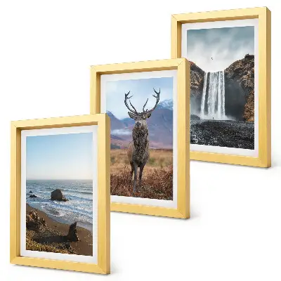 Juego de 3 cuadros decorativos con paisajes de montaña, cascada, ciervo y playa