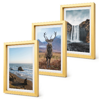 Juego de 3 cuadros decorativos Paisajes de montaña con una cascada, un ciervo y una playa.