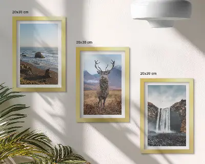 Juego de 3 cuadros decorativos con paisajes de montaña, cascada, ciervo y playa