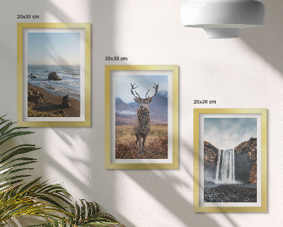 Juego de 3 cuadros decorativos Paisajes de montaña con una cascada, un ciervo y una playa.