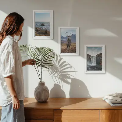 Juego de 3 cuadros decorativos con paisajes de montaña, cascada, ciervo y playa