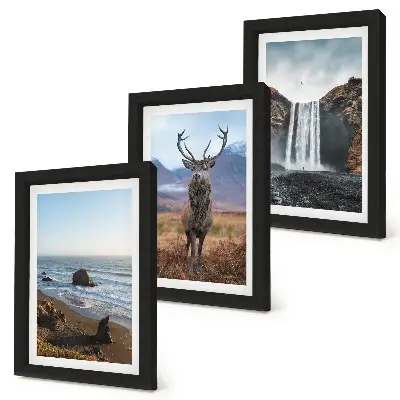 Juego de 3 cuadros decorativos con paisajes de montaña, cascada, ciervo y playa