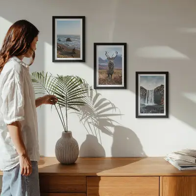 Juego de 3 cuadros decorativos con paisajes de montaña, cascada, ciervo y playa