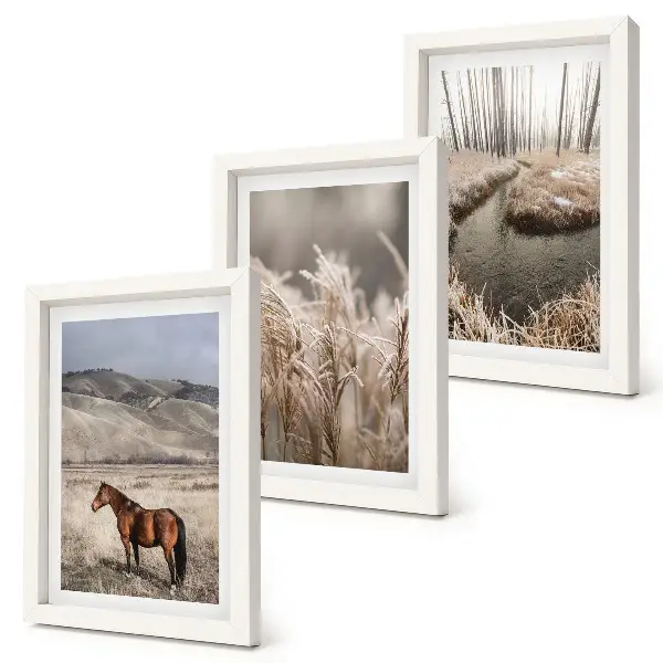 Juego de 3 cuadros decorativos con caballos en un paisaje de prados y arroyo invernal