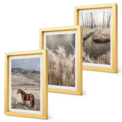 Juego de 3 cuadros decorativos con caballos en un paisaje de prados y arroyo invernal