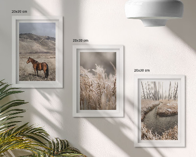 Juego de 3 cuadros decorativos Caballos en un paisaje de prados y un arroyo invernal.