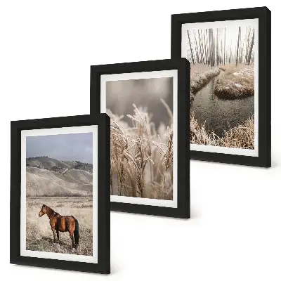 Juego de 3 cuadros decorativos con caballos en un paisaje de prados y arroyo invernal