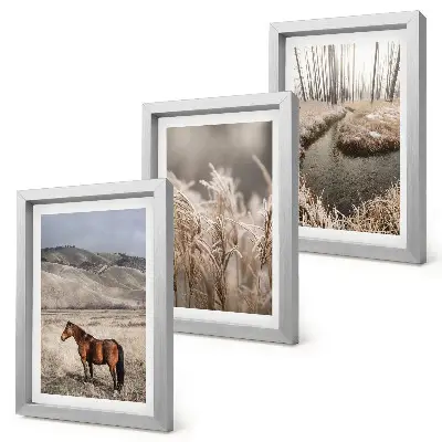 Juego de 3 cuadros decorativos con caballos en un paisaje de prados y arroyo invernal