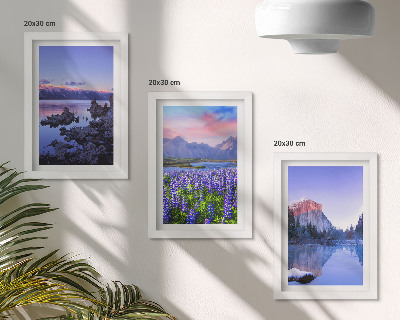 Tríptico enmarcado Paisajes de montaña con agua, cielo y un campo de flores.