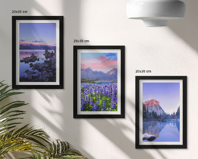 Tríptico enmarcado Paisajes de montaña con agua, cielo y un campo de flores.