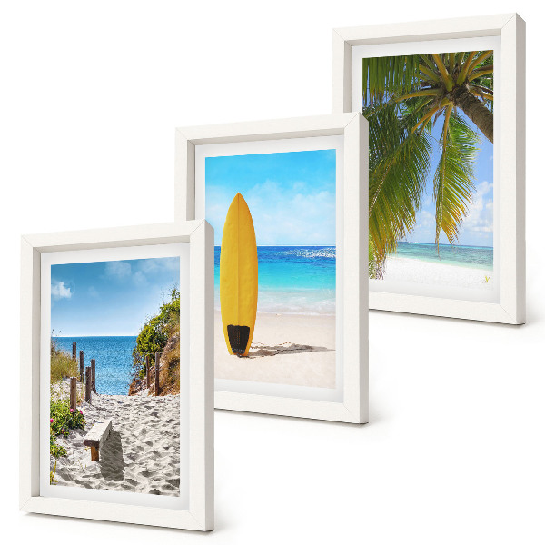 Juego de 3 cuadros decorativos Vistas vacacionales de la playa, las olas y las palmeras en el trópico.