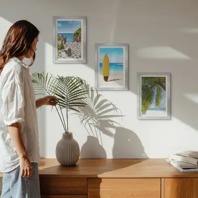 Juego de 3 cuadros decorativos con vistas vacacionales de playa, olas y palmeras tropicales
