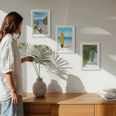 Juego de 3 cuadros decorativos con vistas vacacionales de playa, olas y palmeras tropicales