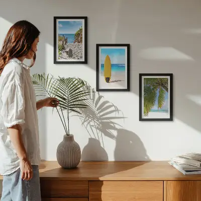 Juego de 3 cuadros decorativos con vistas vacacionales de playa, olas y palmeras tropicales
