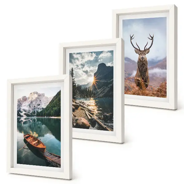 Juego de 3 cuadros decorativos con paisajes de lago de montaña, barco, puesta de sol y ciervos en la naturaleza