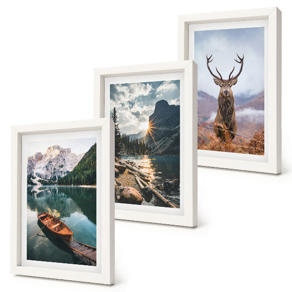 Juego de 3 cuadros decorativos Lago de montaña, barco, puesta de sol, ciervos en la naturaleza