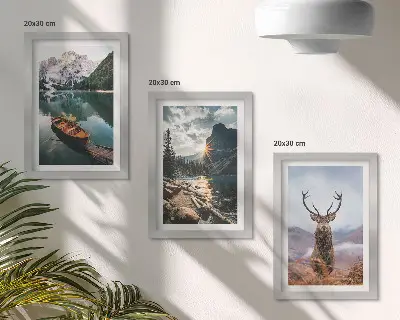 Juego de 3 cuadros decorativos con paisajes de lago de montaña, barco, puesta de sol y ciervos en la naturaleza