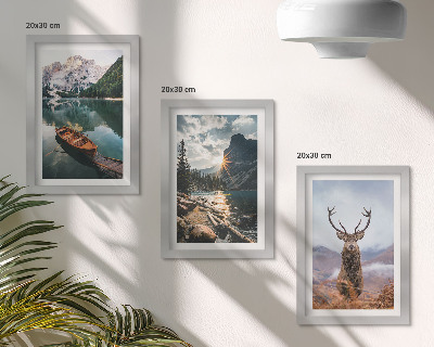 Juego de 3 cuadros decorativos Lago de montaña, barco, puesta de sol, ciervos en la naturaleza