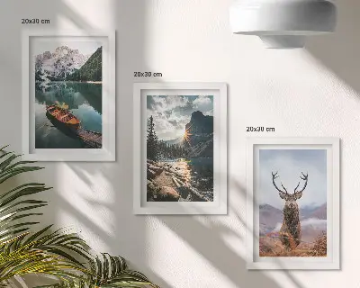Juego de 3 cuadros decorativos con paisajes de lago de montaña, barco, puesta de sol y ciervos en la naturaleza