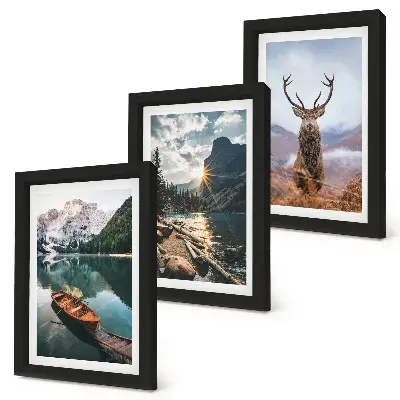 Juego de 3 cuadros decorativos con paisajes de lago de montaña, barco, puesta de sol y ciervos en la naturaleza