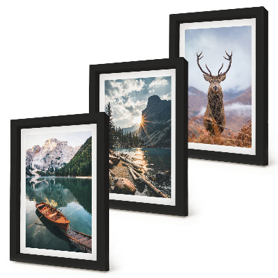 Juego de 3 cuadros decorativos Lago de montaña, barco, puesta de sol, ciervos en la naturaleza