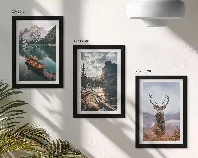 Juego de 3 cuadros decorativos con paisajes de lago de montaña, barco, puesta de sol y ciervos en la naturaleza